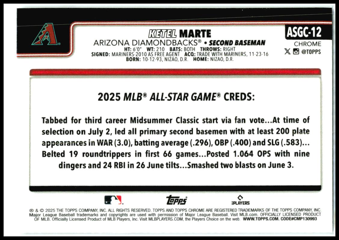 2025 Topps Update 2025 All-Star Game #ASG-15 Ketel Marte Arizona Diamondbacks