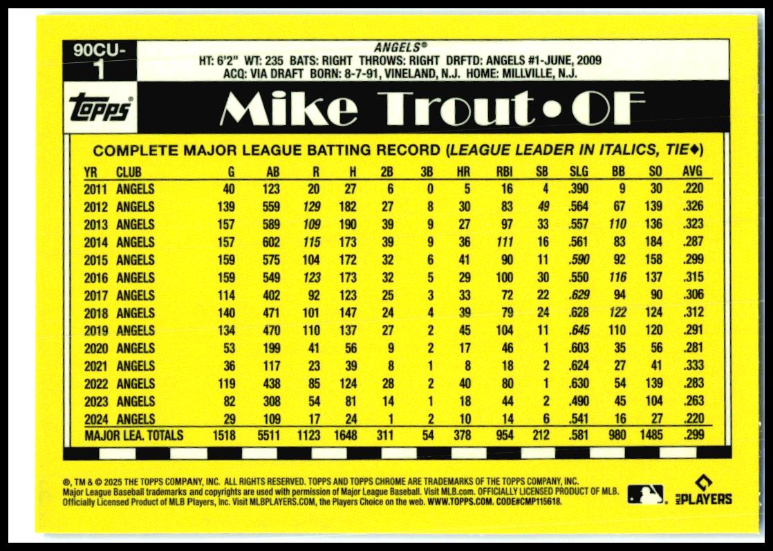 2025 Topps Chrome Update 1990 Topps Chrome #90CU-1 Mike Trout Los Angeles Angels
