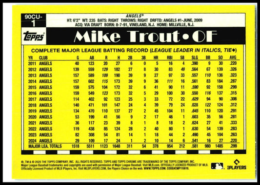 2025 Topps Chrome Update 1990 Topps Chrome #90CU-1 Mike Trout Los Angeles Angels