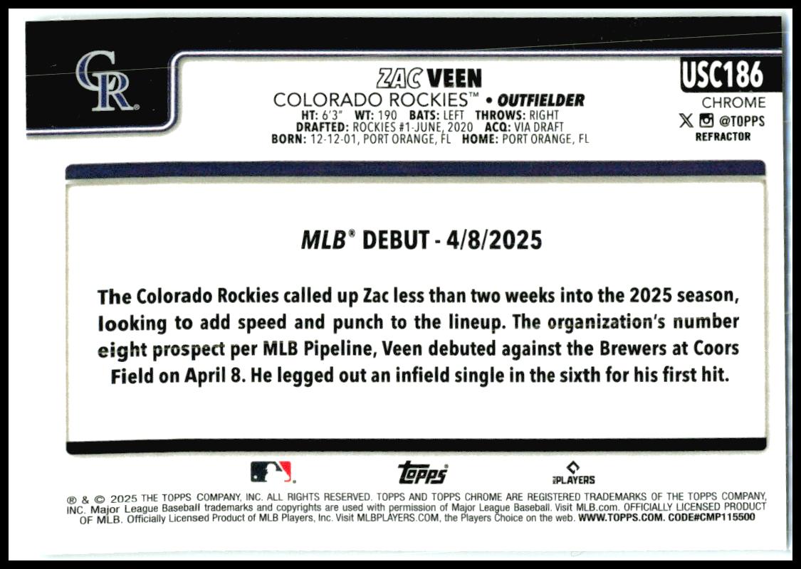 2025 Topps Update Rainbow Foil #US2 Zac Veen Colorado Rockies
