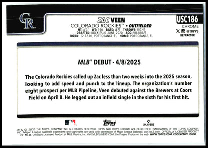 2025 Topps Update Rainbow Foil #US2 Zac Veen Colorado Rockies