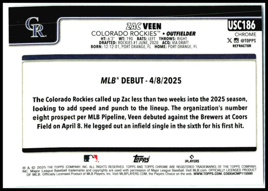 2025 Topps Update Rainbow Foil #US2 Zac Veen Colorado Rockies