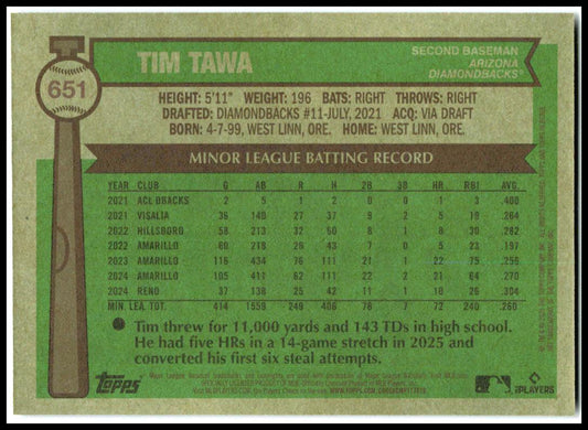 2025 Topps Heritage Blue #651 Tim Tawa Rookie Arizona Diamondbacks