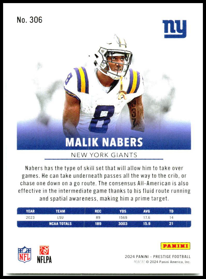 2024 Panini Prestige #306 Malik Nabers Rookie New York Giants