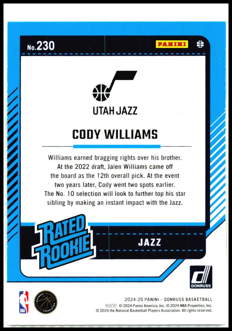 2024-25 Donruss - Yellow Flood #230 Cody Williams Rookie Utah Jazz