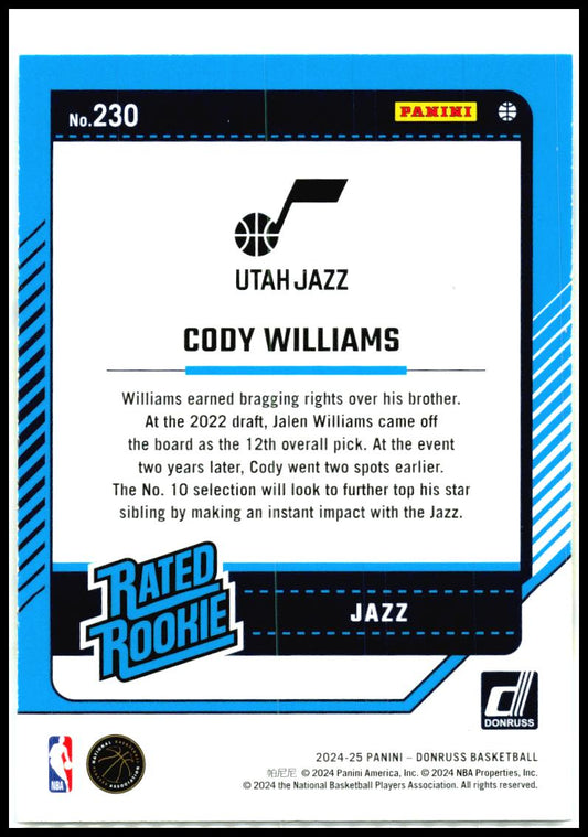 2024-25 Donruss - Yellow Flood #230 Cody Williams Rookie Utah Jazz