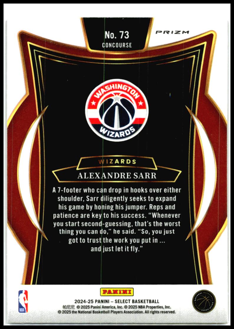 2024-25 Panini Select Red Cracked Ice Prizm #73 Alexandre Sarr Rookie Wizards