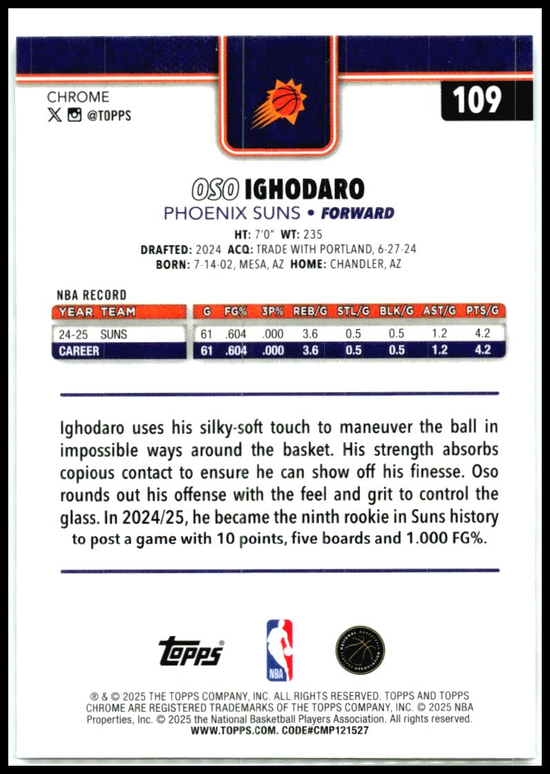 2025-26 Topps Chrome X-Fractors #109 Oso Ighodaro Phoenix Suns