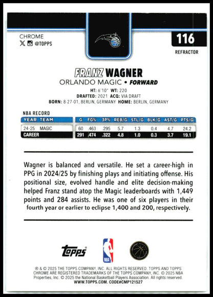 2025-26 Topps Chrome Refractors #116 Franz Wagner Orlando Magic