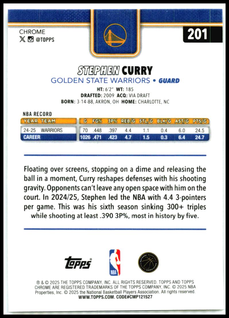 2025-26 Topps Chrome #201 Stephen Curry Golden State Warriors