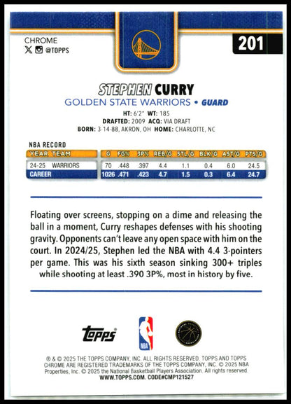 2025-26 Topps Chrome #201 Stephen Curry Golden State Warriors