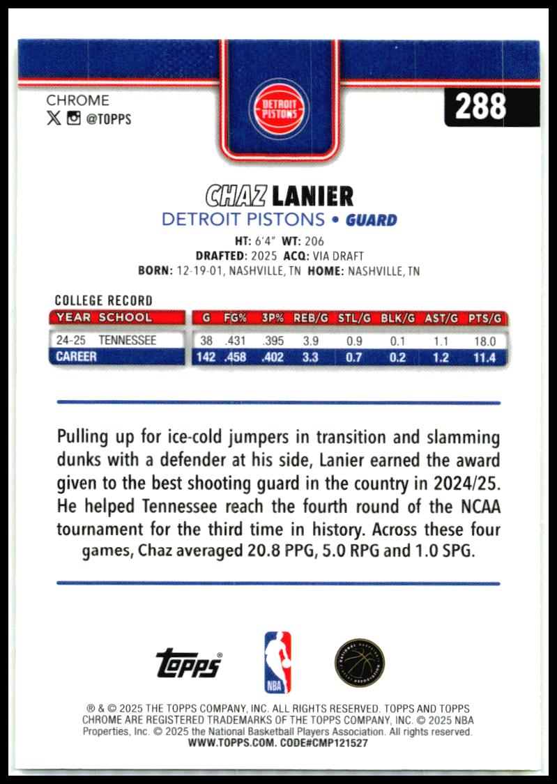 2025-26 Topps Chrome Yellow Refractors #288 Chaz Lanier Rookie Pistons