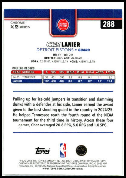 2025-26 Topps Chrome Yellow Refractors #288 Chaz Lanier Rookie Pistons