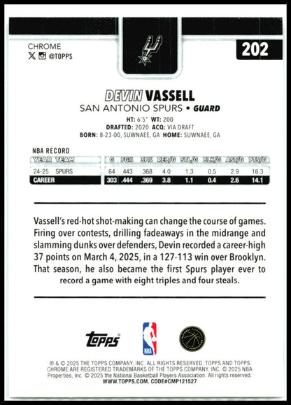 2025-26 Topps Chrome Refractor #202 Devin Vassell San Antonio Spurs