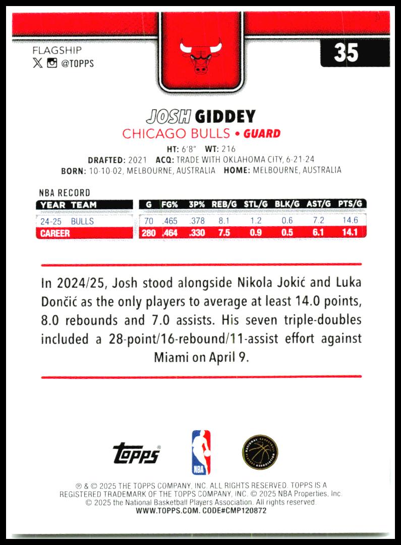 2025-26 Topps #35 Josh Giddey Chicago Bulls