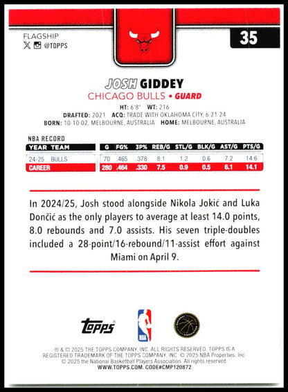2025-26 Topps #35 Josh Giddey Chicago Bulls