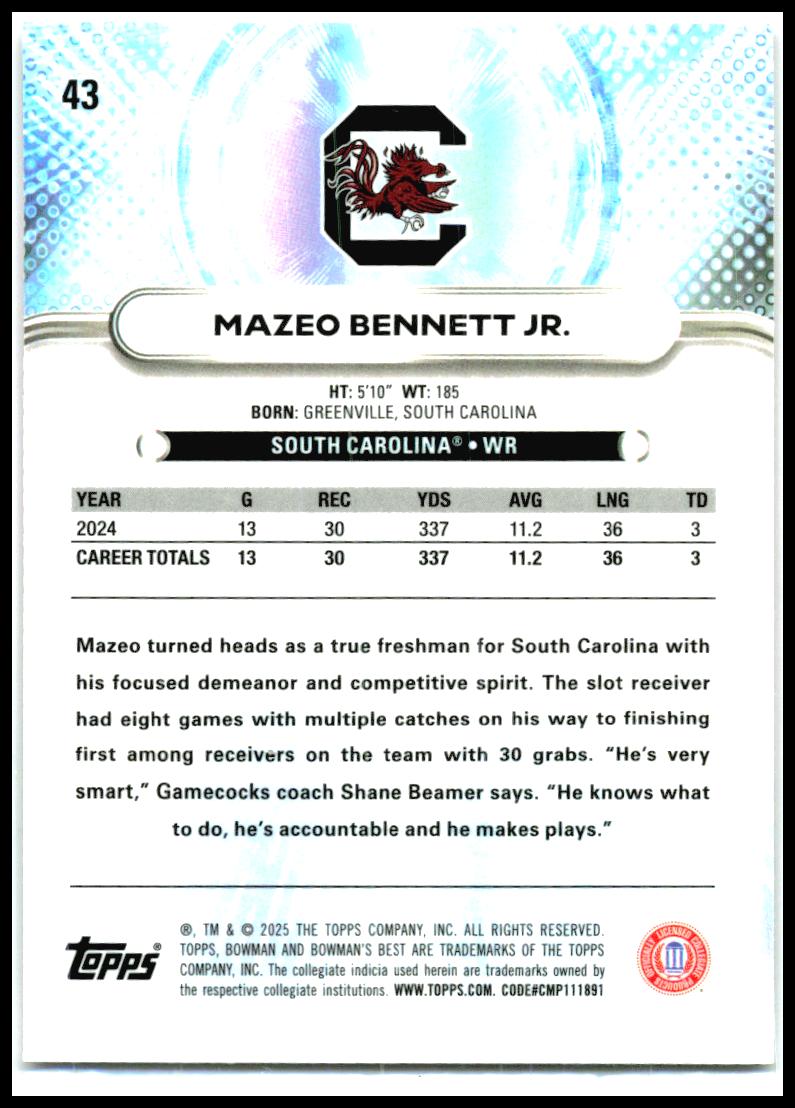 2025 Bowman University Best Pink Lava #43 Mazeo Bennett Gamecocks