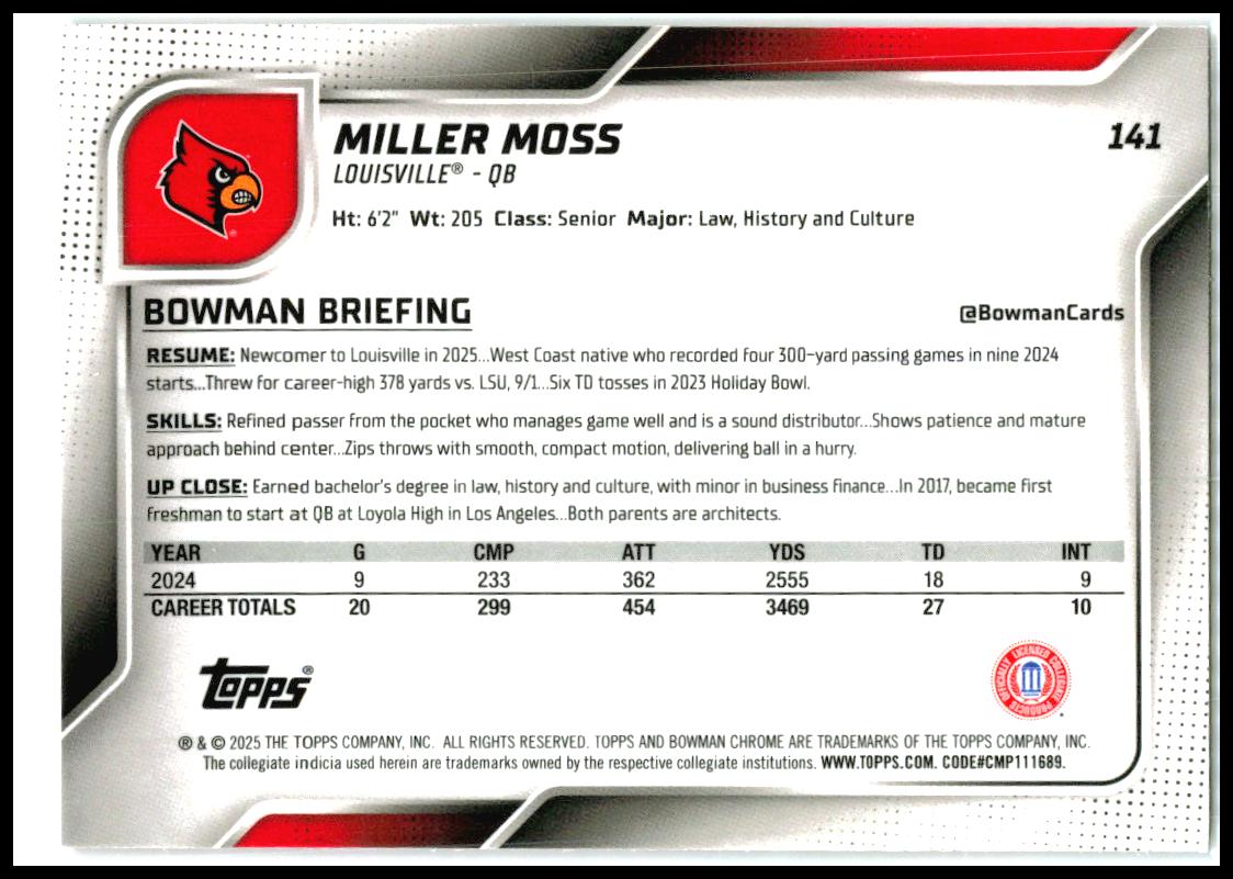 2025 Bowman University Chrome Pink Lava Refractor #141 Miller Moss Cardinals