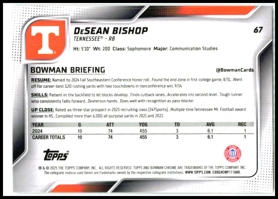 2025 Bowman University Chrome #67 DeSean Bishop Tennessee Volunteers