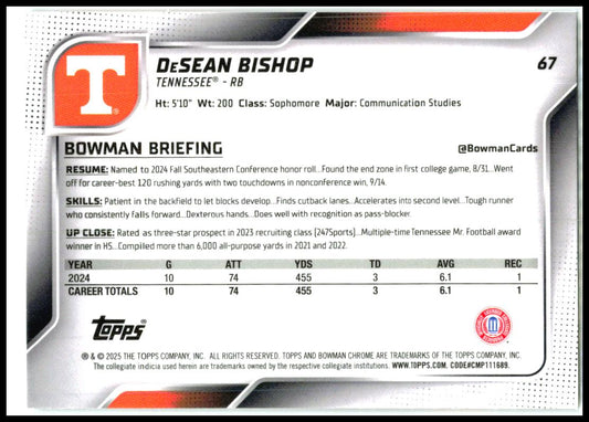 2025 Bowman University Chrome #67 DeSean Bishop Tennessee Volunteers