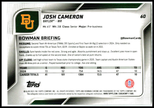 2025 Bowman University Chrome #60 Josh Cameron Baylor Bears