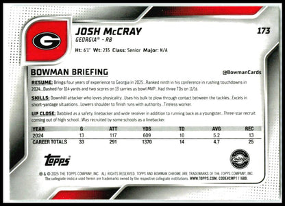 2025 Bowman University Chrome #173 Josh McCray Georgia Bulldogs