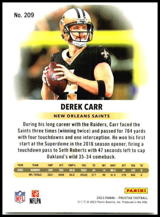 2023 Panini Prestige #209 Derek Carr New Orleans Saints