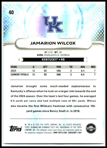 2025 Bowman University Best Aqua Lava #40 Jamarion Wilcox Kentucky