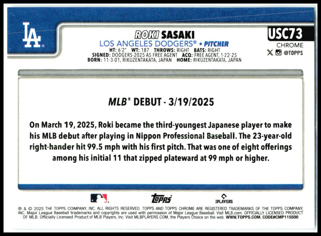 2025 Topps Chrome Update Prism Refractors #USC73 Roki Sasaki Rookie Dodgers