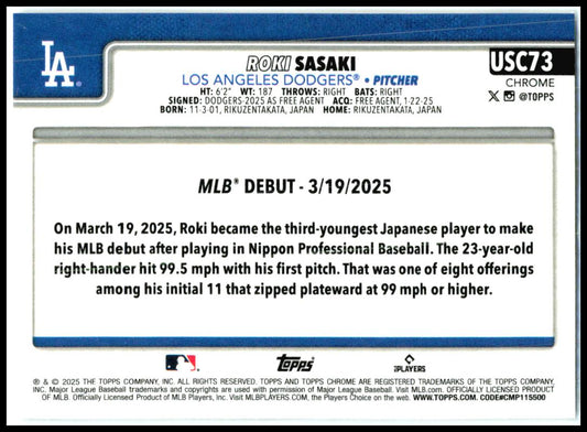 2025 Topps Chrome Update Prism Refractors #USC73 Roki Sasaki Rookie Dodgers