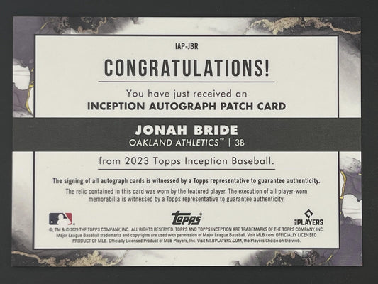 2023 Topps Inception Auto Patch /50 #IAP-JBR Jonah Bride Auto