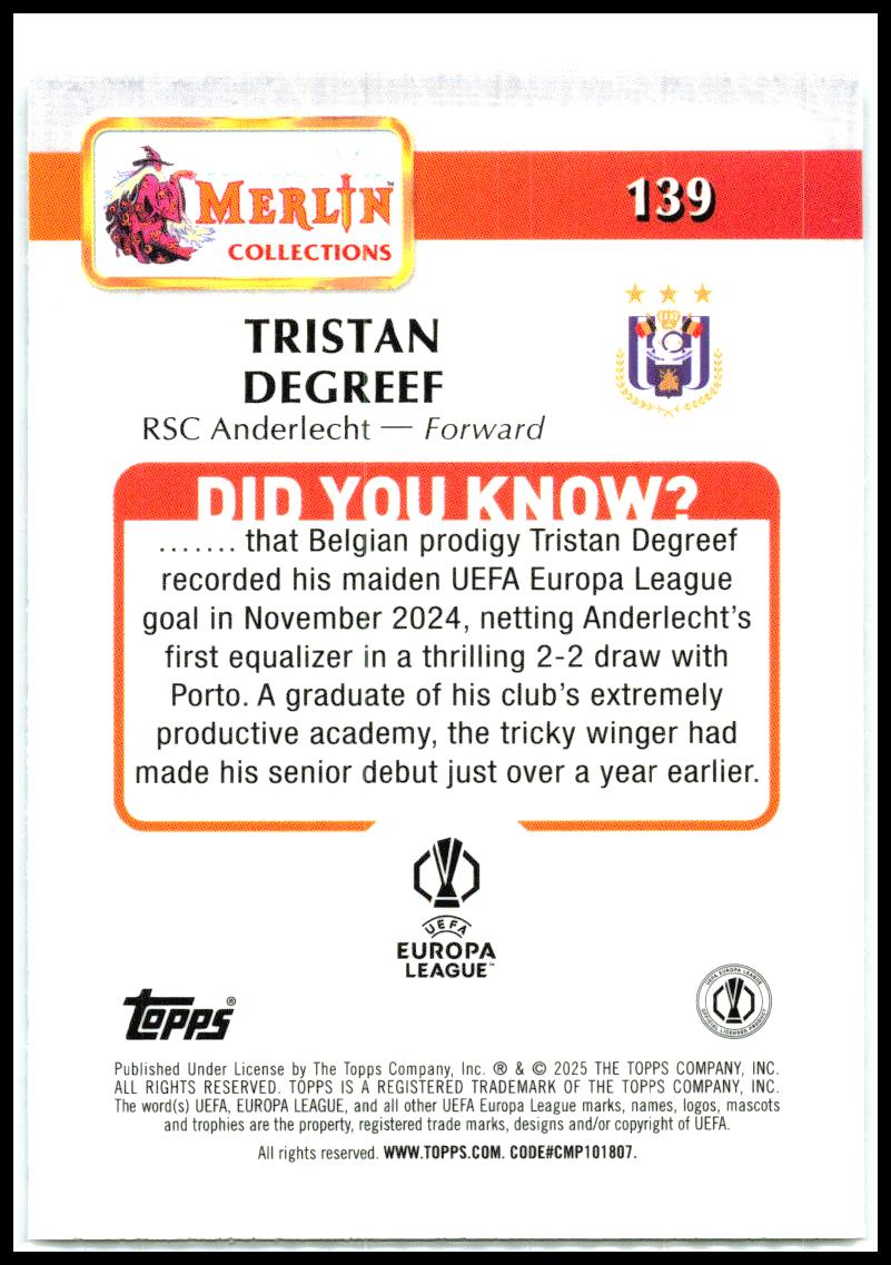 2024-25 Merlin Atomic Refractor #139 Tristan Degreef