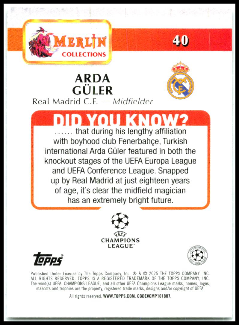 2024-25 Merlin Atomic Refractor #40 Arda Güler
