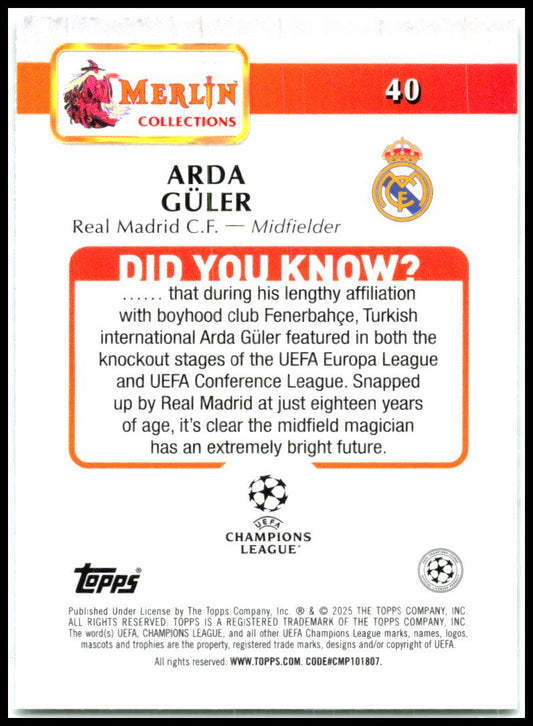 2024-25 Merlin Atomic Refractor #40 Arda Güler