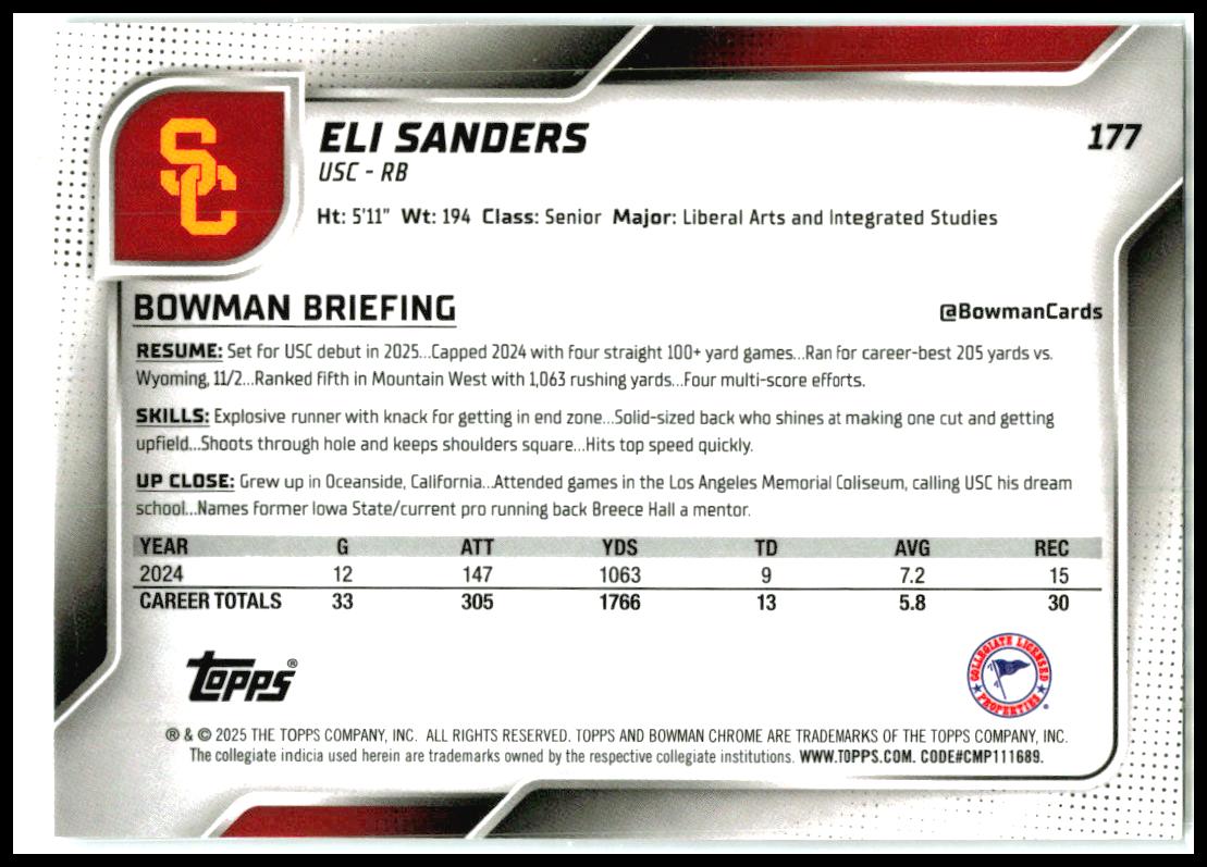 2025 Bowman University Chrome #177 Eli Sanders USC Trojans