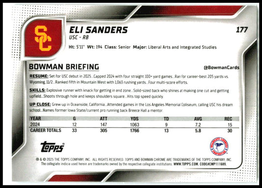 2025 Bowman University Chrome #177 Eli Sanders USC Trojans