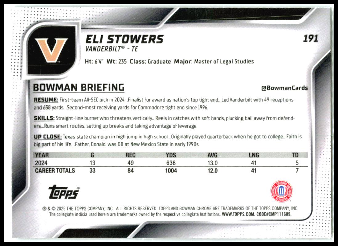 2025 Bowman University Chrome #191 Eli Stowers Vanderbilt Commodores