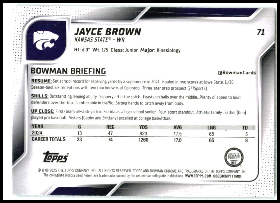2025 Bowman University Chrome #71 Jayce Brown Kansas State Wildcats