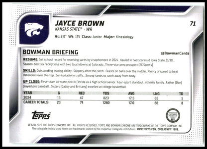 2025 Bowman University Chrome #71 Jayce Brown Kansas State Wildcats