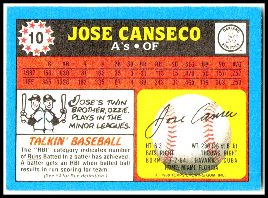 1988 Topps UK Minis #10 Jose Canseco Oakland Athletics