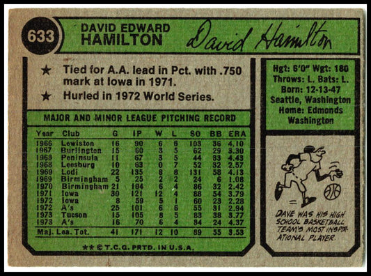 1974 Topps #633 Dave Hamilton Oakland Athletics