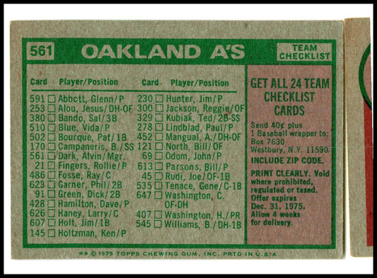1975 Topps Team Checklists White Back #561 Oakland A's / Alvin Dark Oakland