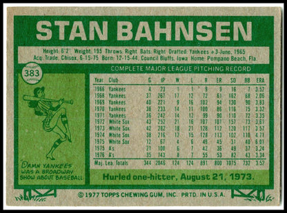 1977 Topps #383 Stan Bahnsen Oakland Athletics