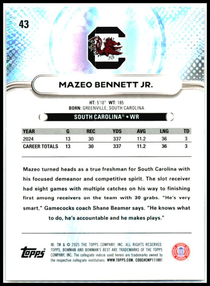 2025 Bowman University Best #43 Mazeo Bennett South Carolina Gamecocks