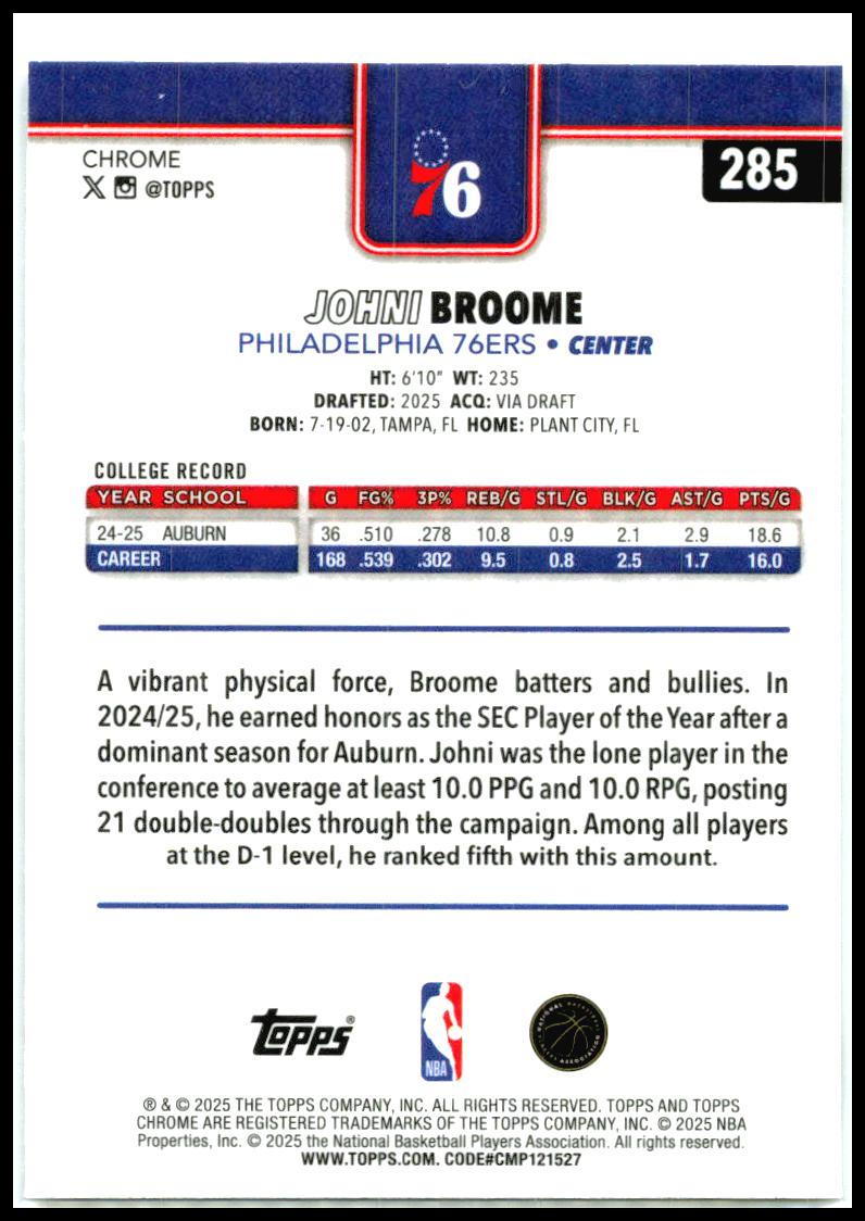 2025-26 Topps Chrome Prism Refractor #285 Johni Broome Rookie Philadelphia 76ers