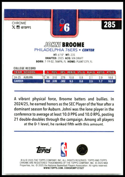 2025-26 Topps Chrome Prism Refractor #285 Johni Broome Rookie Philadelphia 76ers