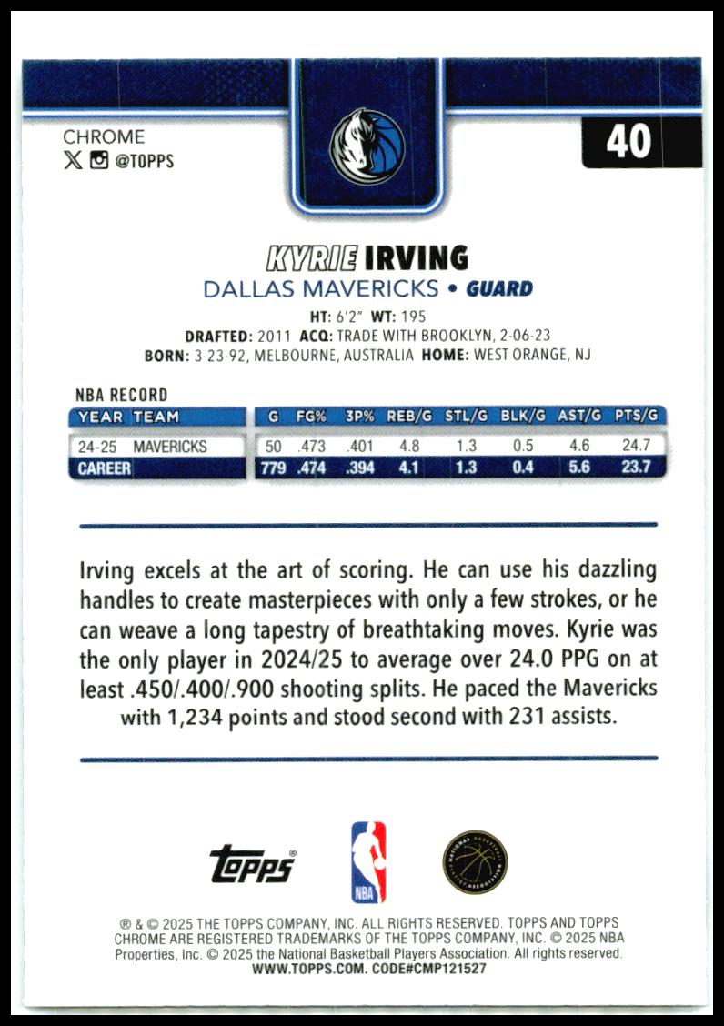 2025-26 Topps Chrome #40 Kyrie Irving Dallas Mavericks