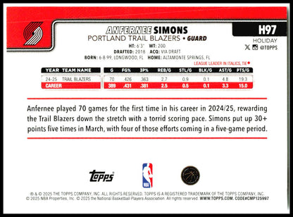 2025-26 Topps Holiday #H97 Anfernee Simons Portland Trail Blazers