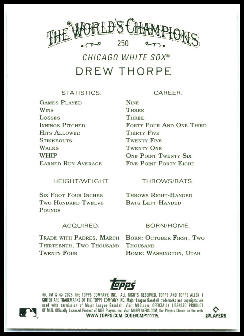 2025 Topps Allen & Ginter Silver Portrait #250 Drew Thorpe Rookie White Sox