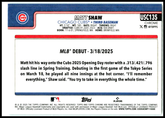 2025 Topps Chrome Update Teal RayWave Refractors #USC135 Matt Shaw Rookie Cubs